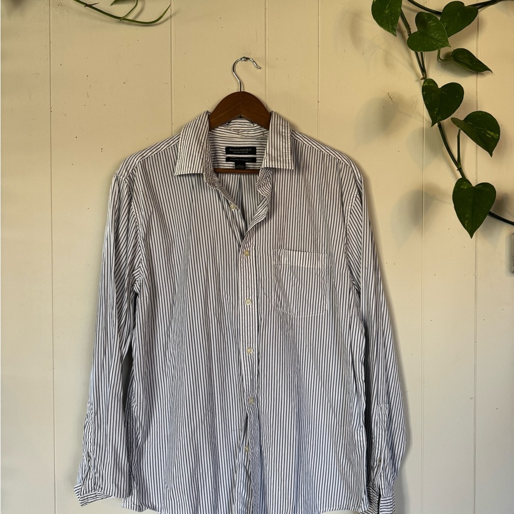 Banana Republic Navy and White Striped Button-Down Shirt